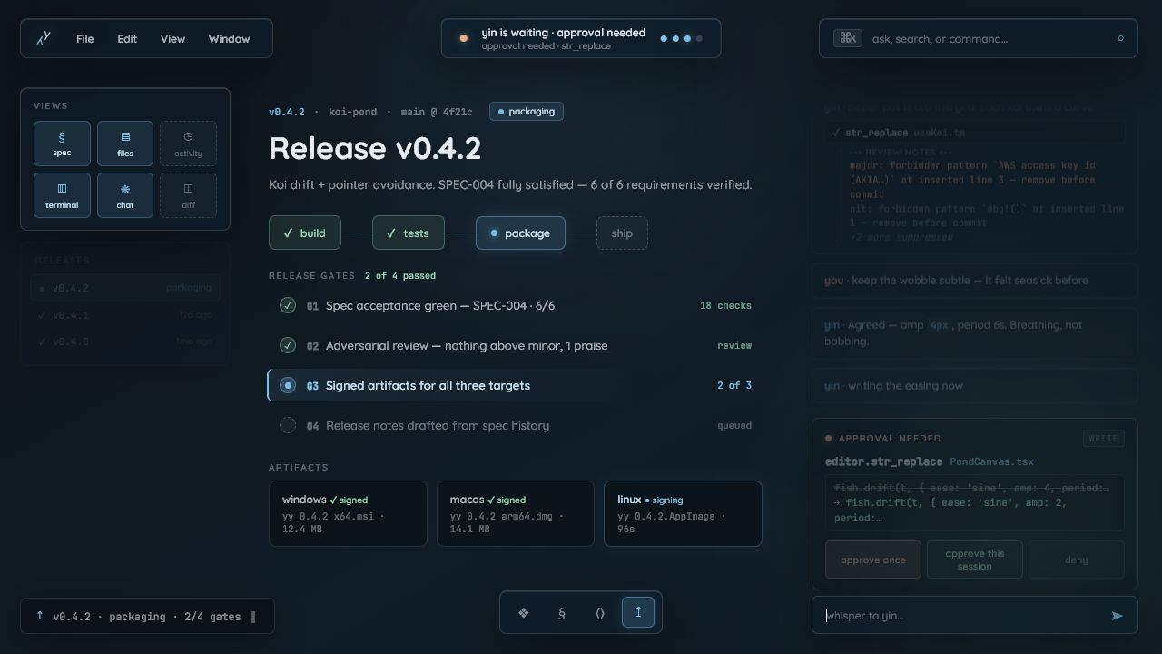 YY IDE Deploy view showing build, test, package, signing, artifact, and release gates.