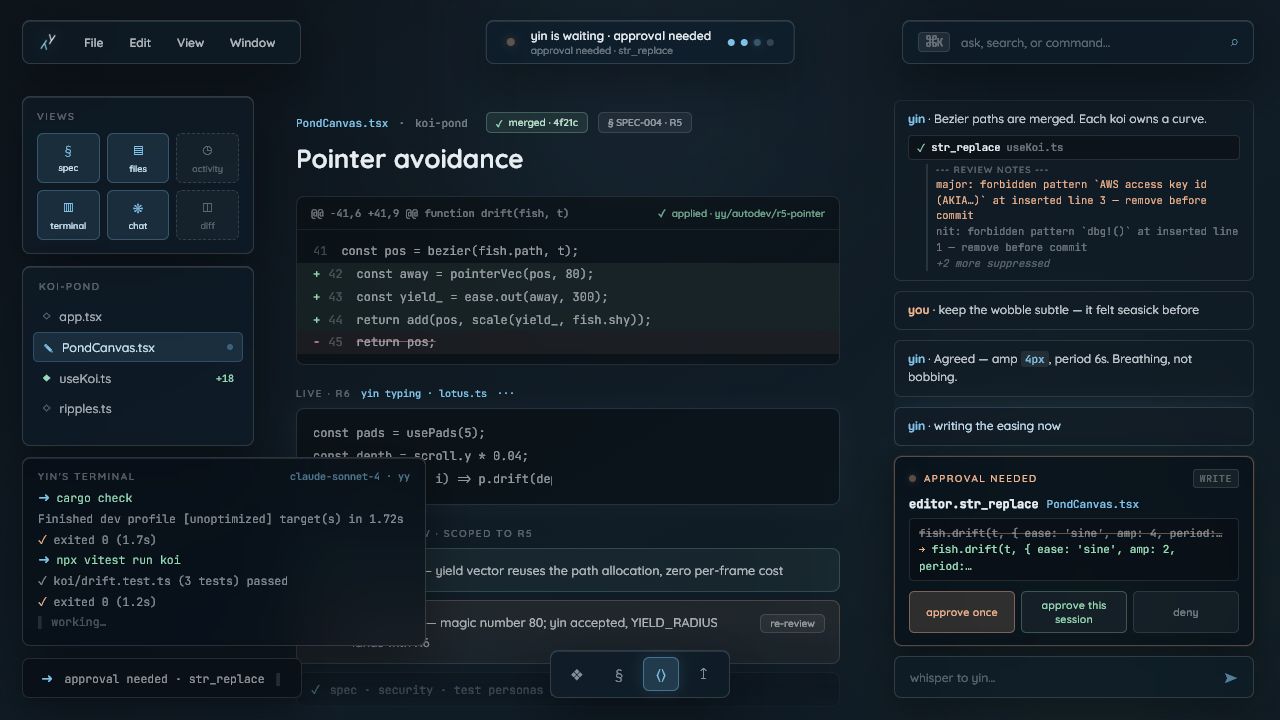 YY IDE Develop view showing file navigation, a floating terminal, lifecycle controls, a code change, agent conversation, adversarial review, and a visible write approval.